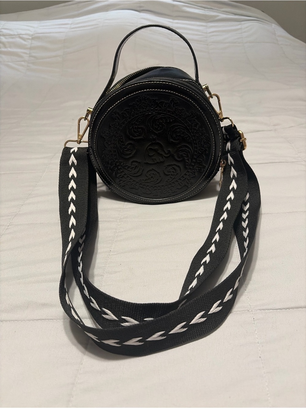 Black Embossed Round Crossbody Bag with Removable Strap